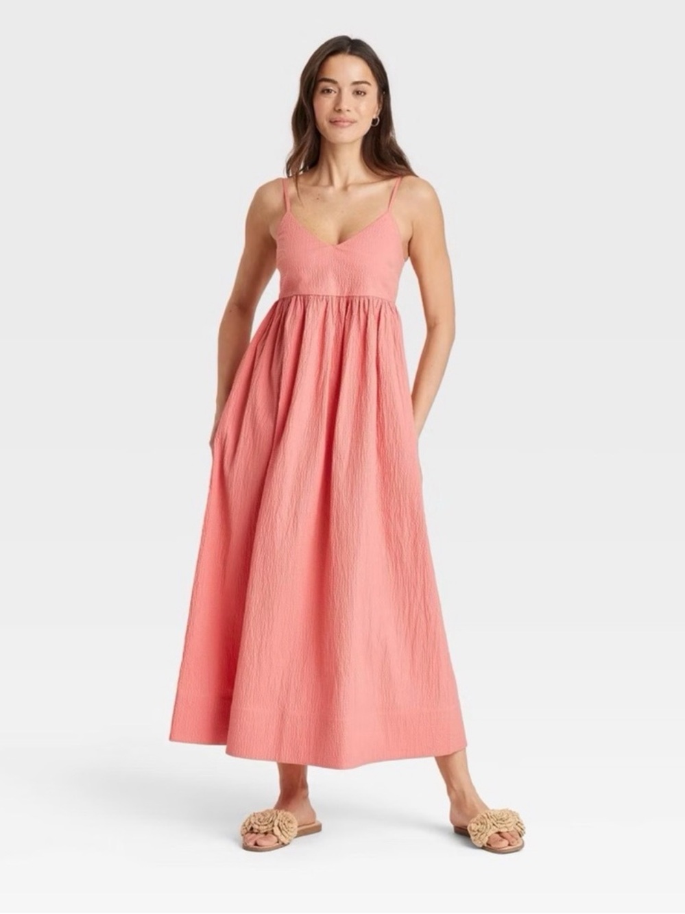 A New Day Women's Seersucker Maxi A-Line Dress Coral Small